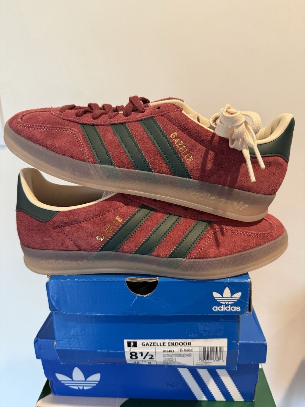 Size 8.5 - adidas Gazelle Indoor Shadow Red Green Extra Laces